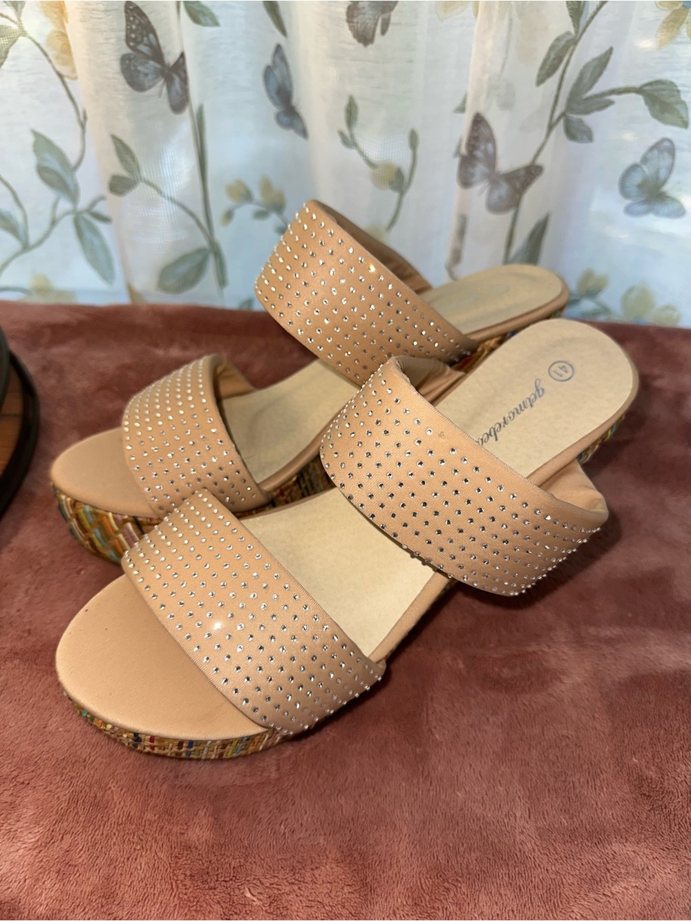 Getmorebeauty Rhinestone Rainbow Platform Wedge Sandals Nude Size 41